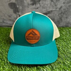 Pacific Headwear Trucker Hat Leather Patch Snapback Cap Teal Beige Mens